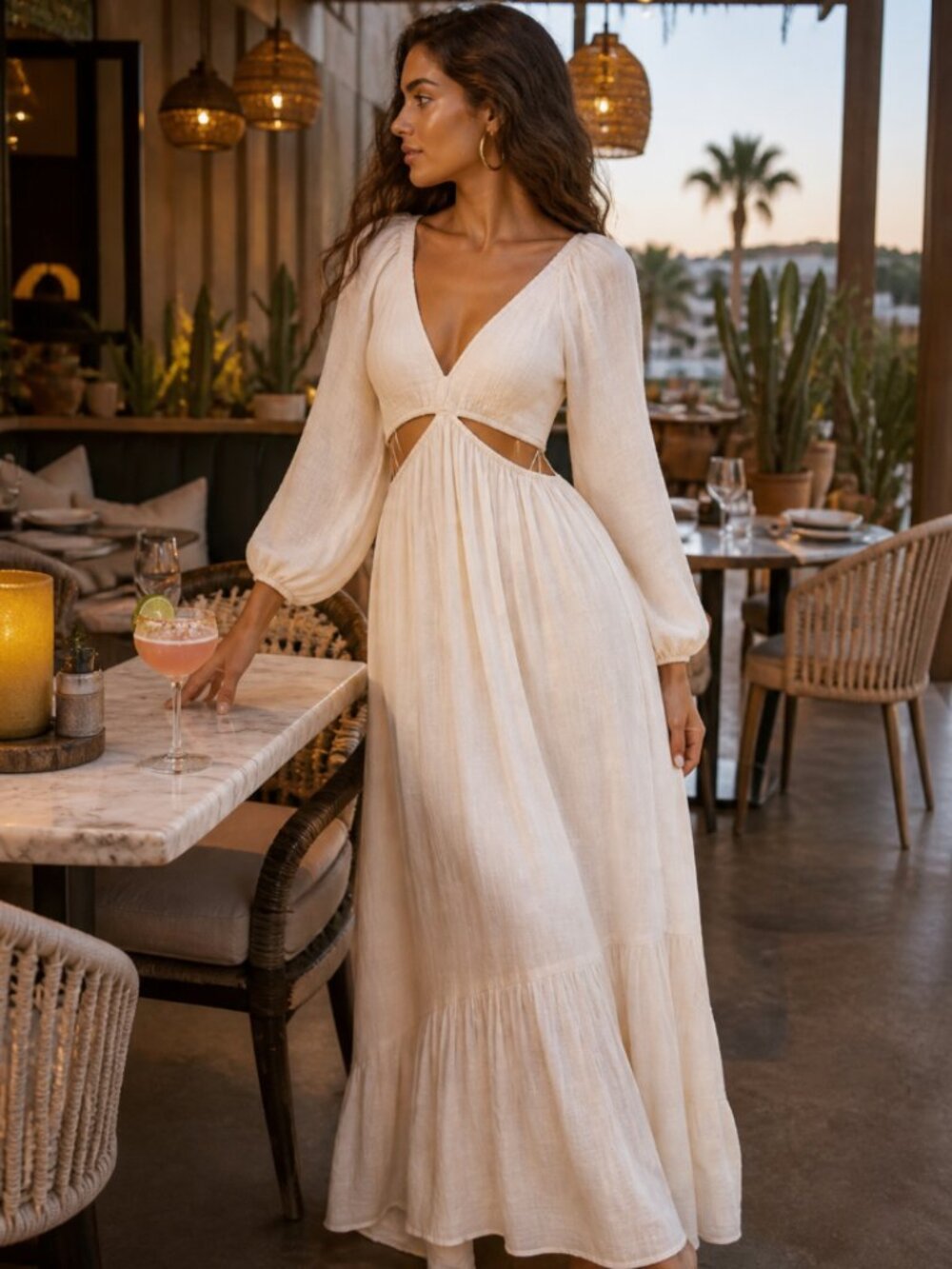 Ivory Open-Back Maxi Dress | Smocked Bodice | Boho Resort | Size M